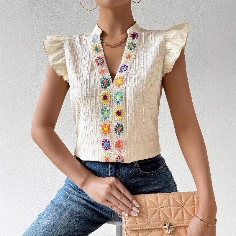 New Fashion Vintage Ruffled Short Sleeve Casual Shirts Women Embroidery Flowers V-neck Loose Women Blouse Elegant Slim Fit Summer Shirt Tops 26596