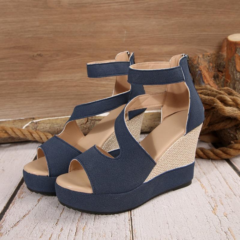 New large size women's shoes, fish mouth women's sandals, wedge heel sandals, zipper high heel sandals after outer wear