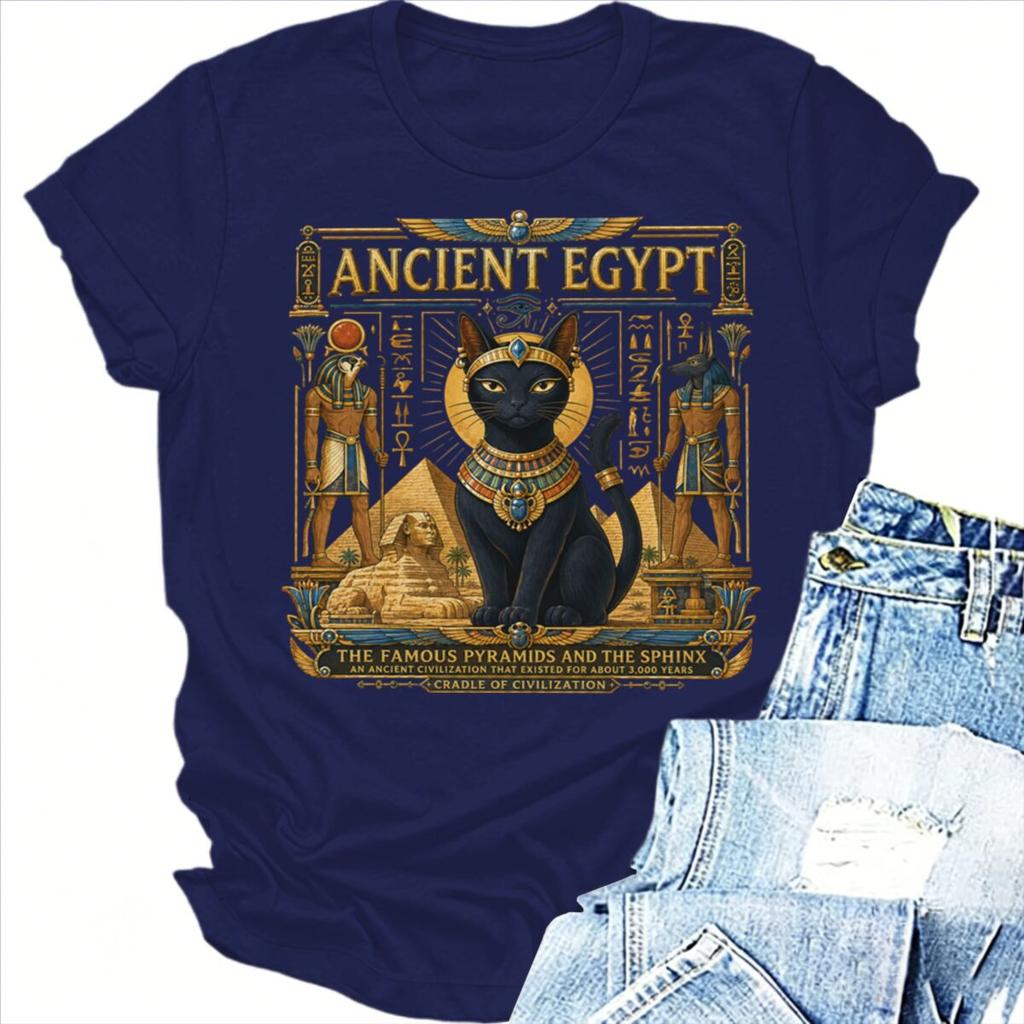 Ancient Egypt Sacred Black Cat Tshirts Unisex Unisex Vintage Myth Graphic Print Tops Short Sleeve Fashion Cat Lover Tshirts Gifts