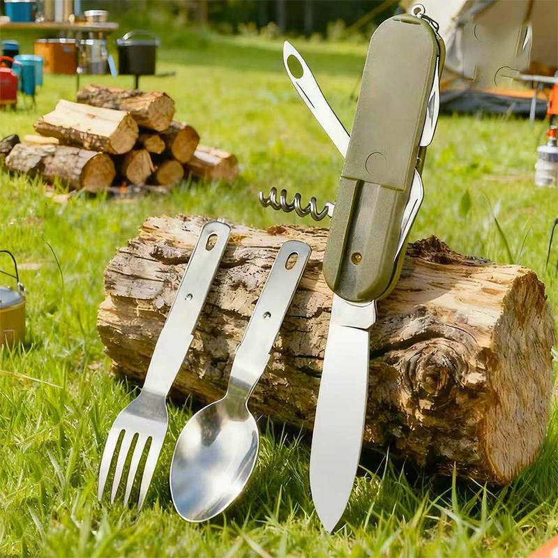 Stainless Steel 7 In 1 Camping Cutlery Set - Foldable Multifunctional Outdoor Tableware With Fork Spoon Knife For Picnic Hiking