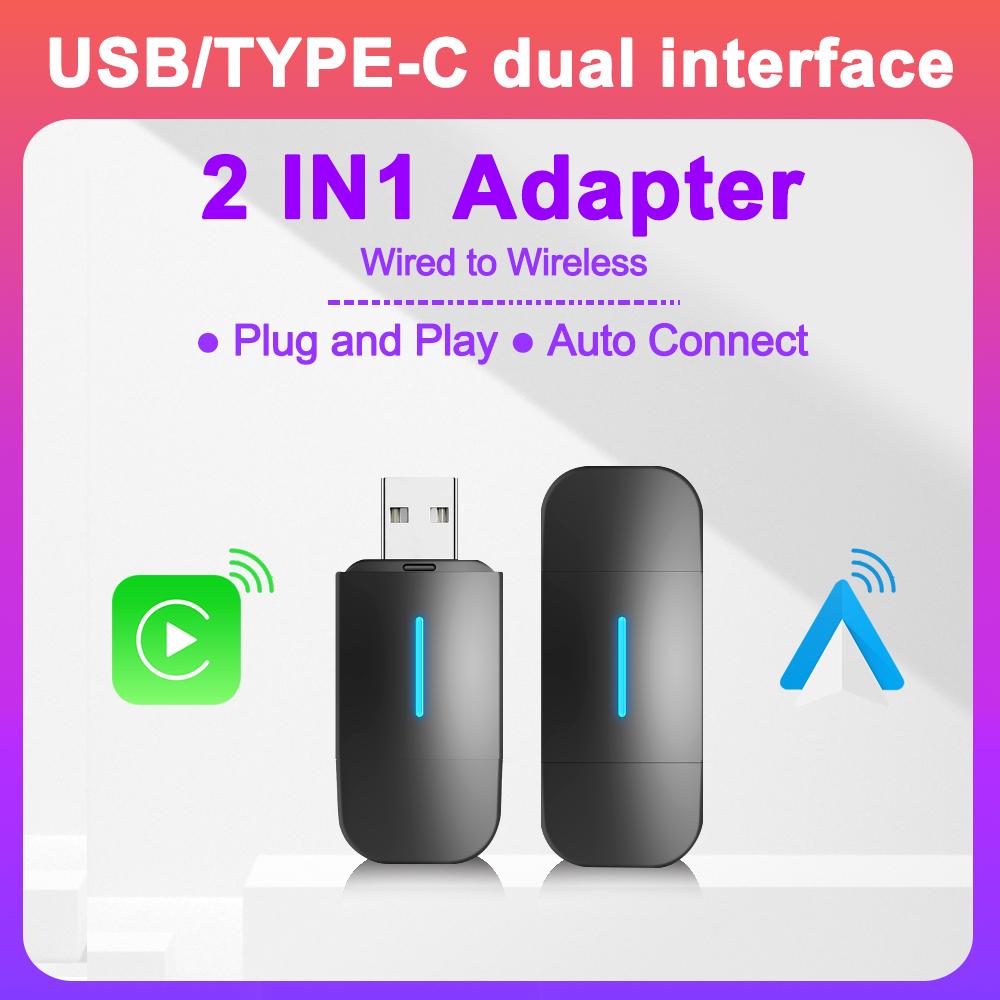 

2 в 1 Android Auto Беспроводной Carplay Type-c USB Bluetooth Wi-Fi Подключи и играй Подходит для 99% оригинальных проводных автомобилей с carplay/auto
