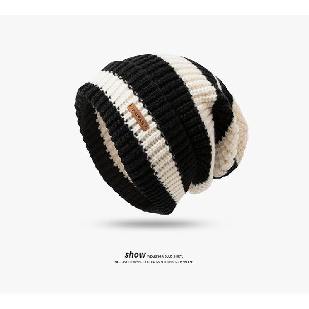 

New winter women s striped letter print loose large head circumference woolen hat, warm versatile knitted beanie, unisex Leather label striped kni