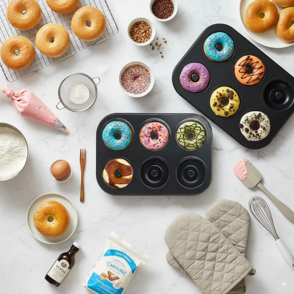 WERTIOO Donut Pans 2 Pack, Non-Stick 6-Cavity Mini Baking Pans, High-grade Carbon Steel Donut Mold - Bagels Doughnuts Biscuit Cake Baking Tray Maker