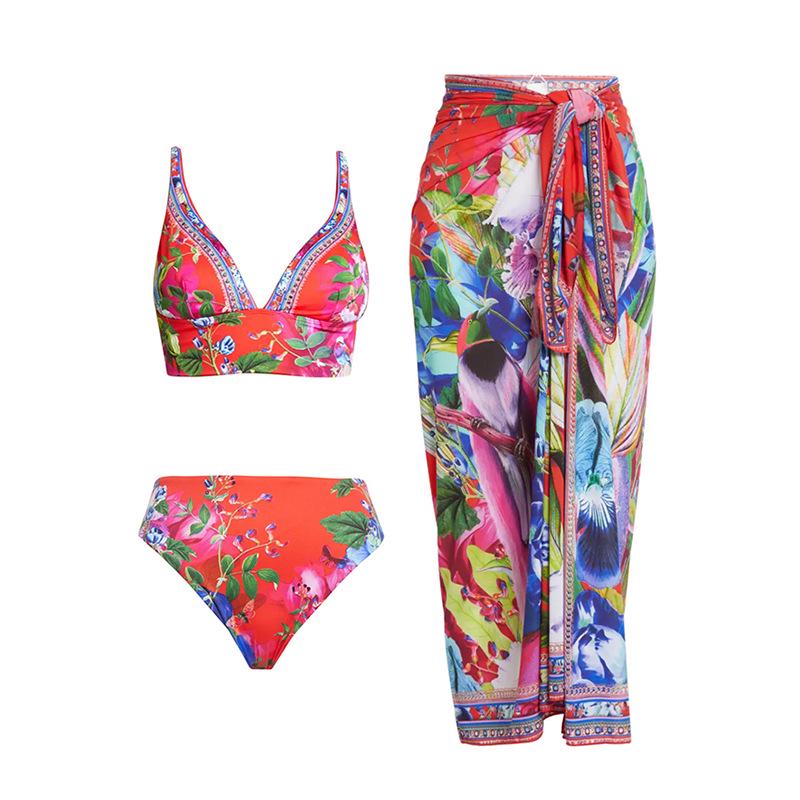 

Европейский и американский цветочный купальник-бикини с высокой талией - Сексуальный купальник из трех частей Small розовый коричневый