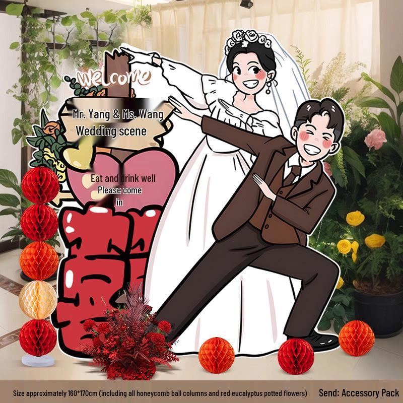 Welcome Sign Wedding Standee: Hand-Painted Cartoon Figure Poster Board for Event Decoration