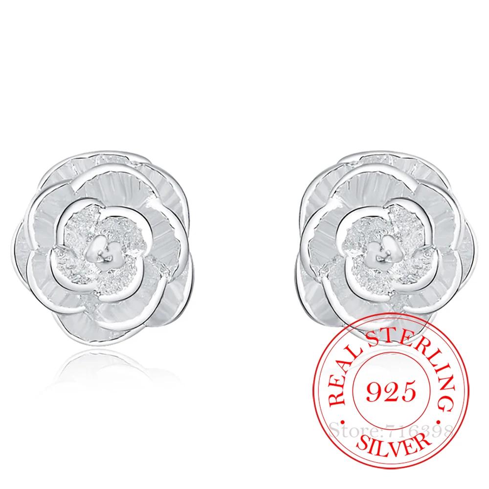 925 Silver Rose Flower Stud Earrings For Woman Girls Kids Fashion Wedding Engagement Part Jewelry Gift