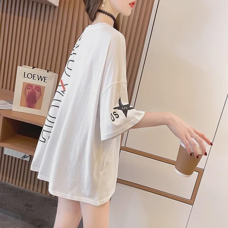 2023 Summer Korean Patchwork Pocket Letter Print Loose Short-Sleeve T-shirt for Women