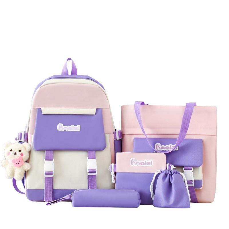 Girl School Backpack Five Piece Set Simple Letter Pattern For Teens And Students