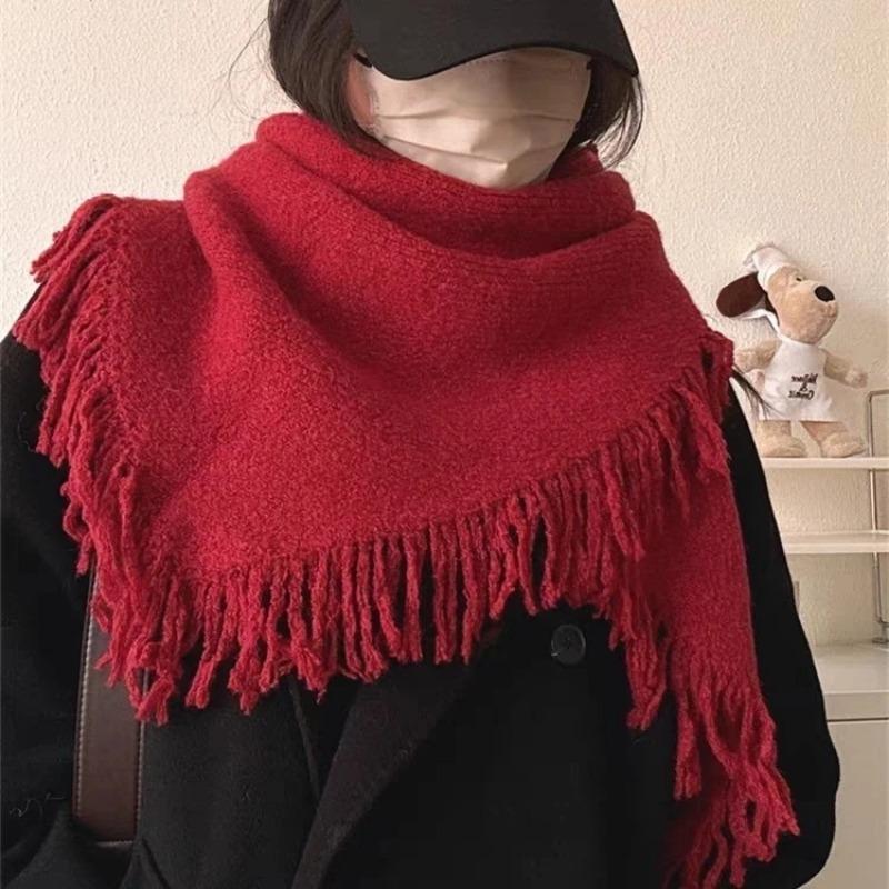 Korean High Quality Wool Blend Tassel Triangle Scarf For Women Coat Outwear