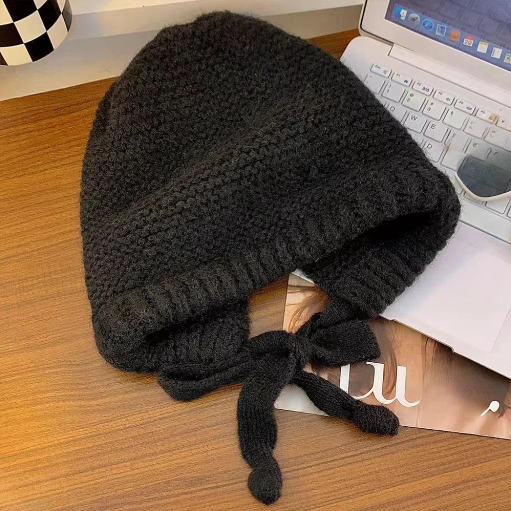 Adjustable vintage jacquard ethnic style women's autumn and winter tie-back ear-protecting knitted warm versatile beanie hat