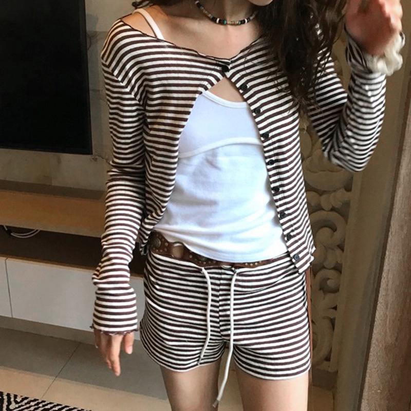 Korean Autumn Striped Two-Piece Set: Round Neck Button-Down Long Sleeve Top & Low Rise Shorts for Women