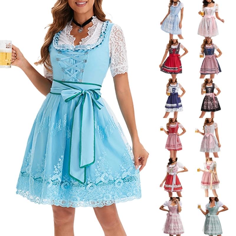 German Bavarian Oktoberfest Costume Set,Halloween Beer Costume Dirndl Dresses Blouse Apron Bows Ribbon for Adult Women