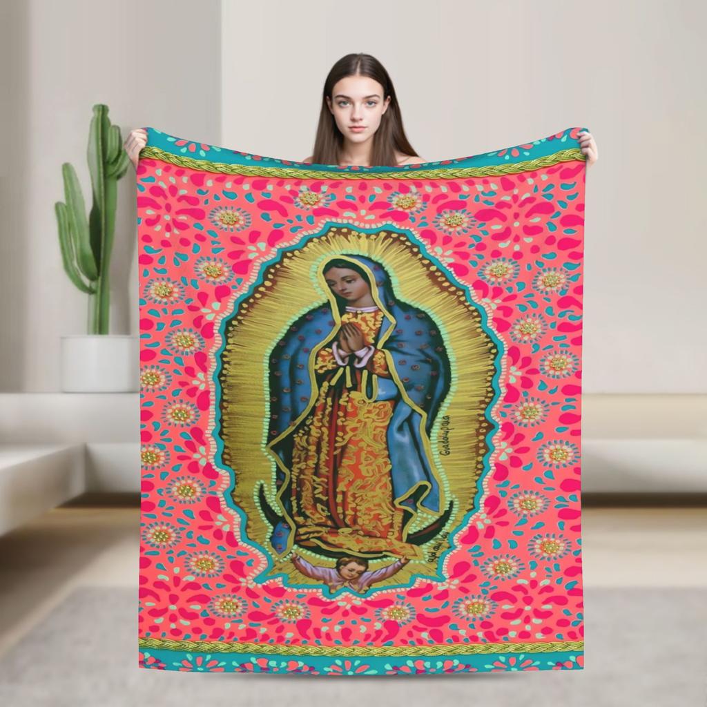 Virgin Mary Cherubs Rose Warm Soft Blanket Airplane Travel Plush Throw Blanket Couch Chair Flannel Bedspread Sofa Bed Cover