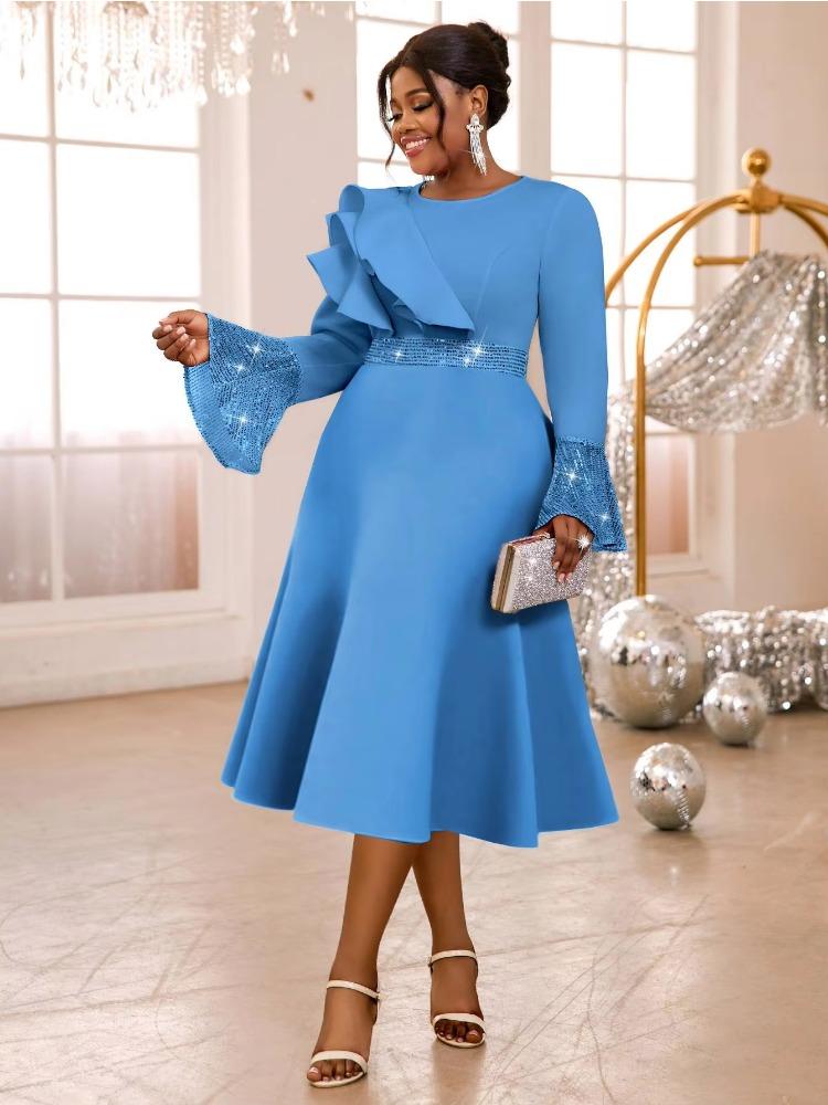 

Африканские Женские Платья А-силуэта с Плиссировкой, Блестками, Рюшами, Расклешенными Рукавами, Рождество, Гость на Свадьбе, День Рождения, Особый Случай, Вечернее Мероприятие, Новинка 4XL небесно-голубой