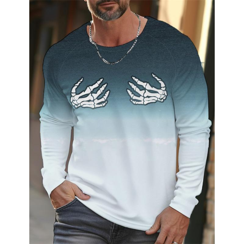 Skull Hand Printed Pullover Autumn and Winter Men's Casual Long Sleeve Round Neck Sweatshirt Gradient Color Men's Clothing