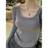 Premium Solid Color Curled Square Neck Knitted Top Women's Autumn and Winter Temperament Thin Bottoming Shirt Slim Short Sweater