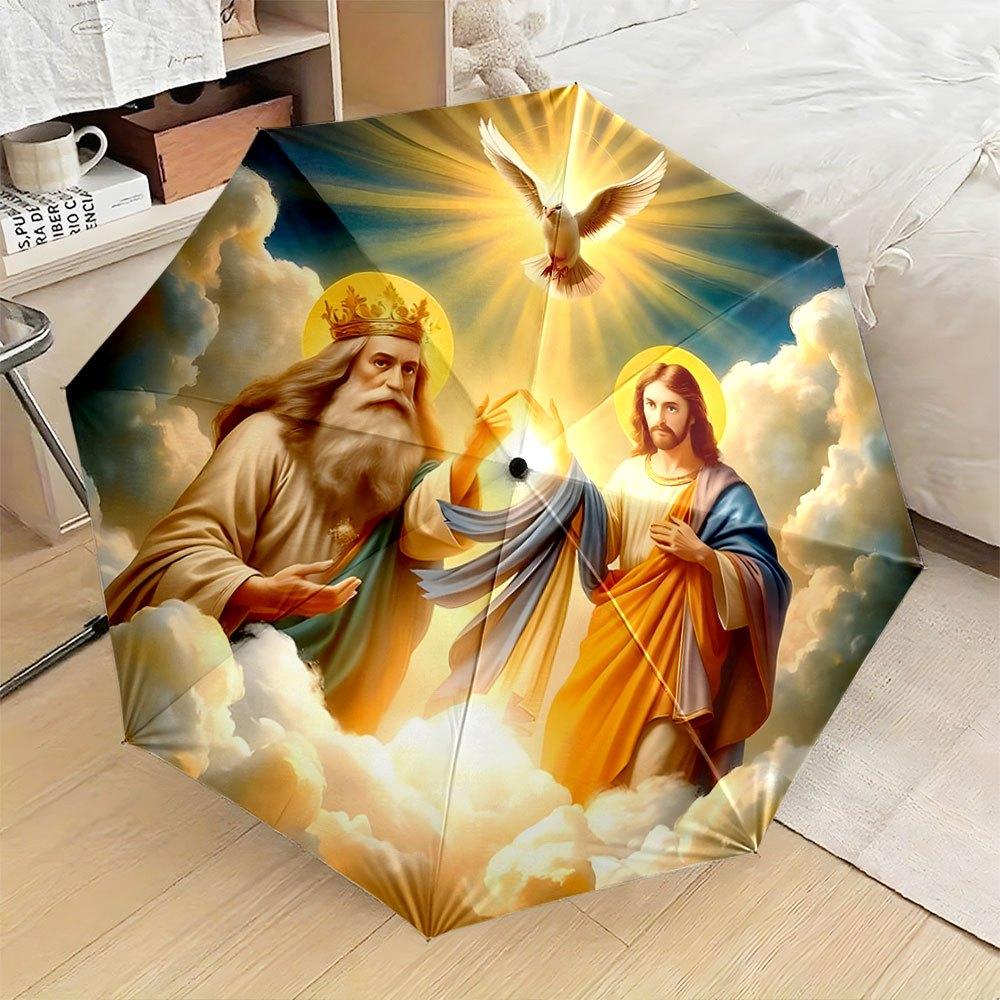 

Open/Close Religious Umbrella with God the Father Jesus Holy Spirit Dove Design - Folding Portable Religious Umbrella for Chur (as the picture,Iron&8K)