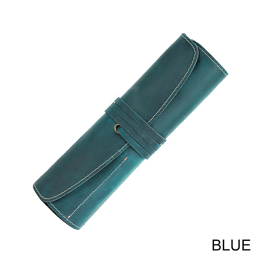 Vintage Genuine First Layer Cowhide Buckle Closure Minimalist Literary Pencil Bag Multifunctional Roll Leather Pen Pouch for