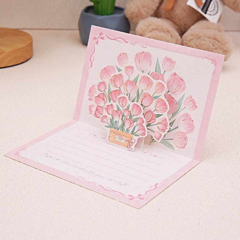 1PC Paper Postcard 3D Greeting Card Creative Roses Birthday Gift Card Sunflowers Bouquet Pop-Up Tulips