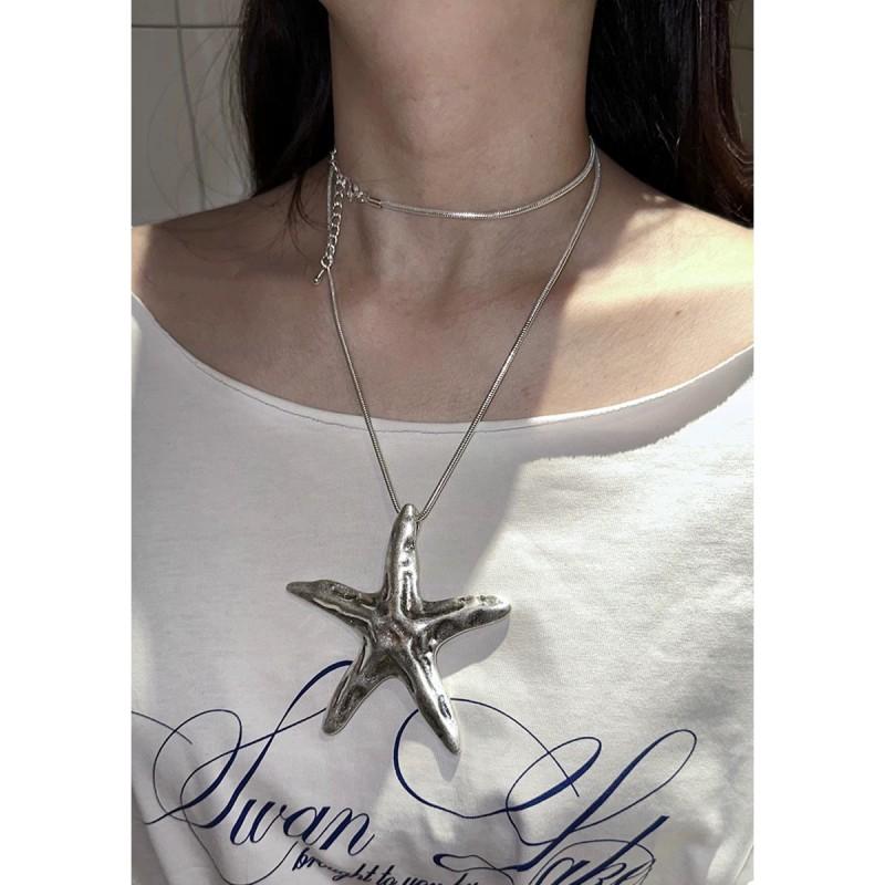 Long Punk Style Star Pendant Necklace Women Men Alloy Titanium Steel Chain Retro Edgy Statement Jewelry