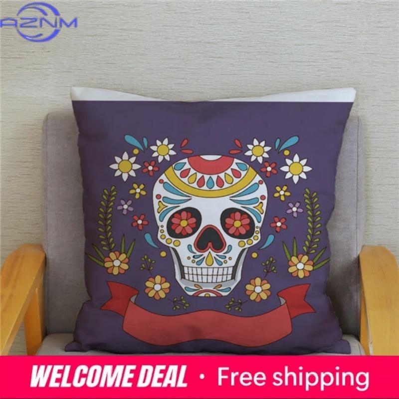 Home Decor Colorful Day Of The Dead Skull Pattern Pillow Pattern Cushion Cover Suitable For Sofa Bedroom Car Pillow Cover