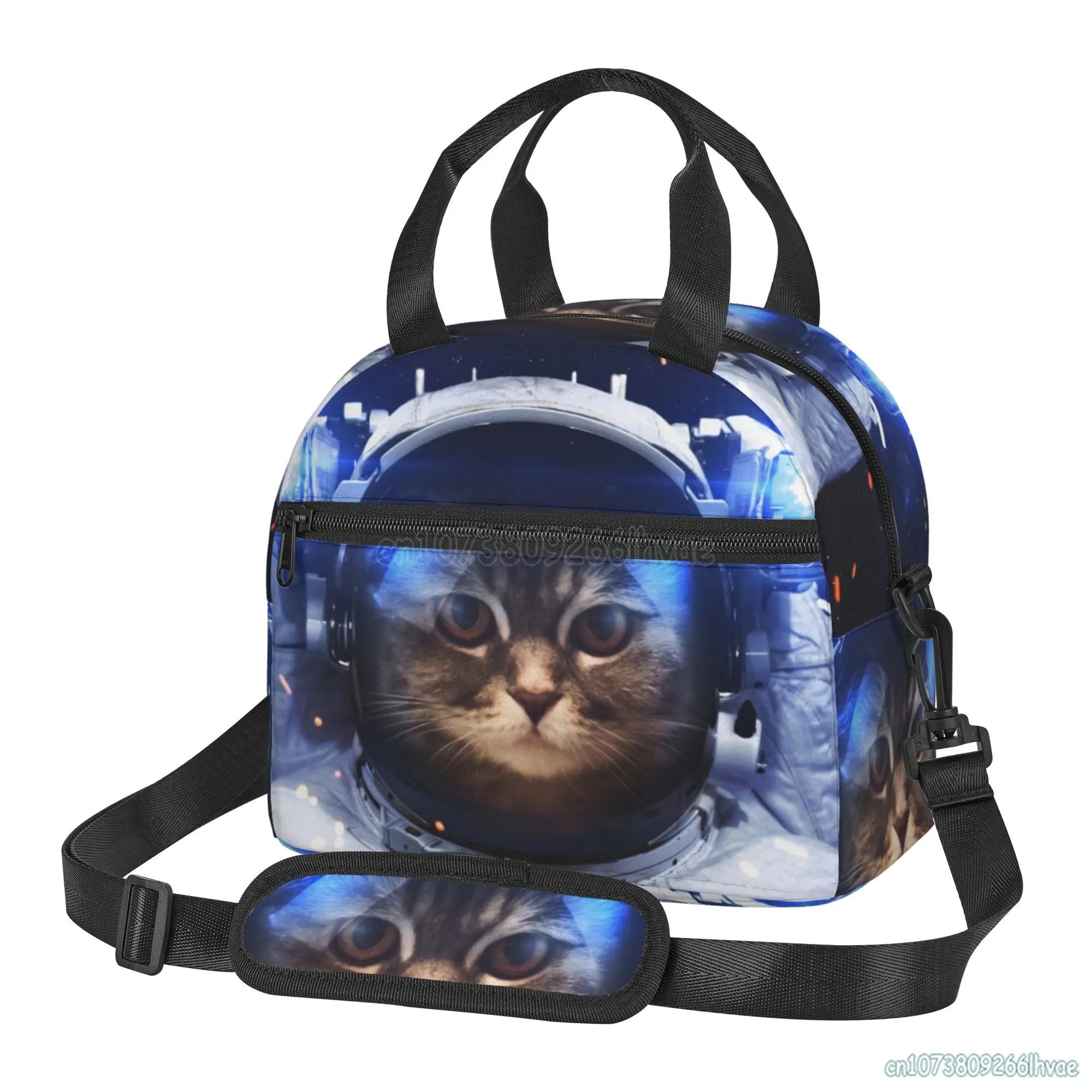 

Space Cat Astronaut Lunch Box Insulated Lunch Bag Boys Cooler Tote Girls Shoulder Strap Reusable for School Picnic Travel Office