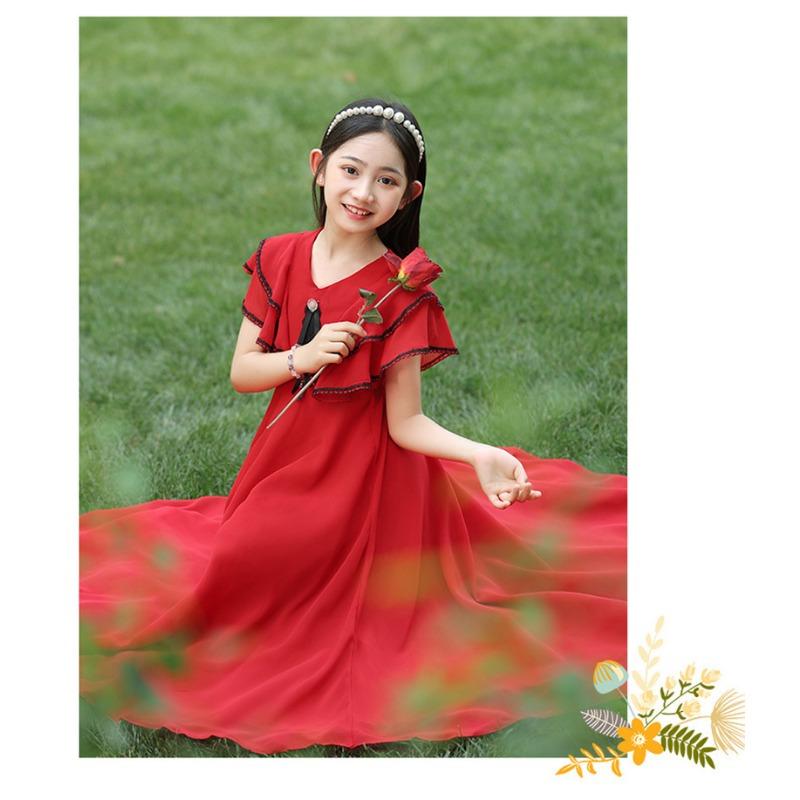 Girls Beach Summer Princess Dress Short Sleeve Solid Color