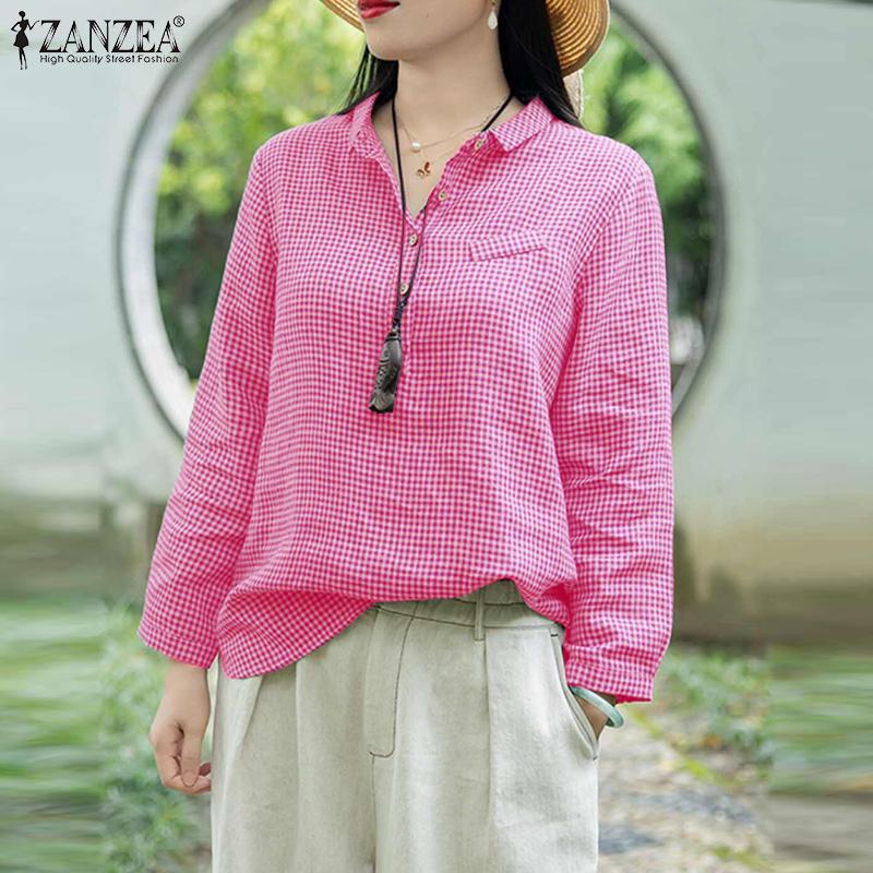 ZANZEA Damska klasyczna bluzka z luźnym krojem, długim rękawem i nadrukiem w kratę
