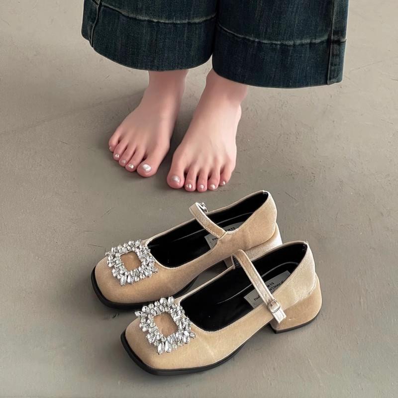 Coarse heel temperament rhinestone burst Mary Jane shoes popular spring and summer new fashion high heel black women's shoes