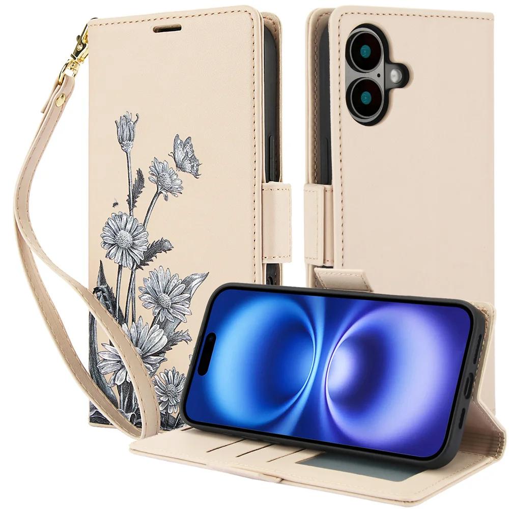 Flip Wallet with Card Holder Phone Case for IPhone 16E 16 15 14 Plus 13 12 11 Pro Max XS XR X 7 8 Wrist Strap Leather Cover