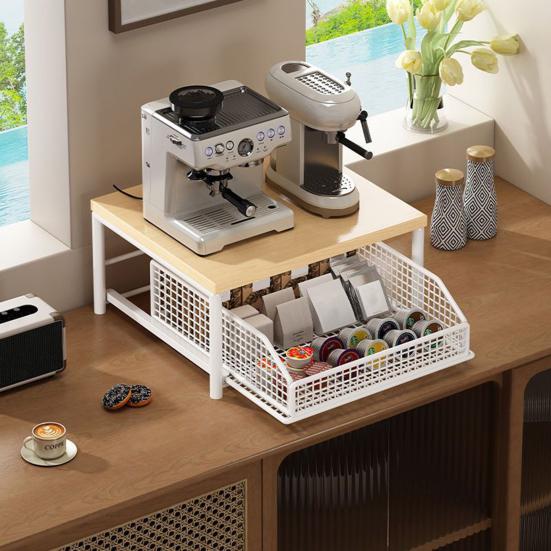 Kitchen Countertop Organizer Storage Shelf with Wire Basket Drawer Double-Tier Space-Saving Rack for Coffee Maker Spices Vegetables Fruits