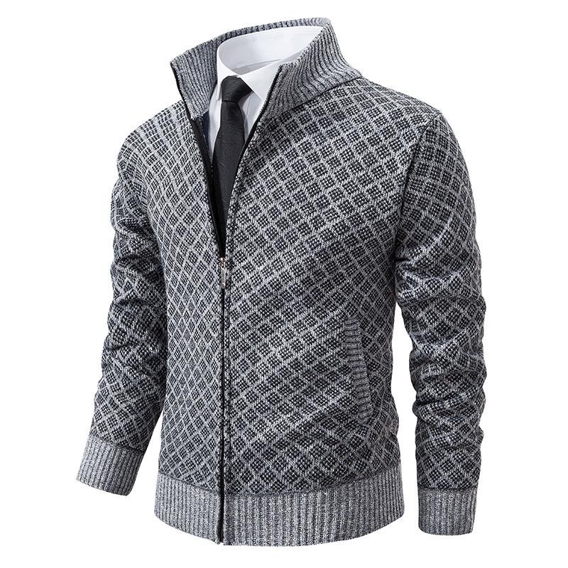 Jesień i Zima Męska Moda Kraciasta Kurtka Kurtka Męski Trend Stójka Dopasowana Długi Rękaw Casualowy Dzianinowy Sweter