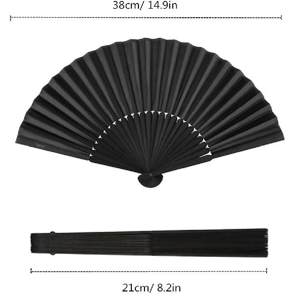 Minelife Tkocisa 2 Pack Bamboo Silk Folding Fan Handheld, Chinese Vintage Retro Fabric Fans, Black Hand Fan for Performance, Dance, Fighting,