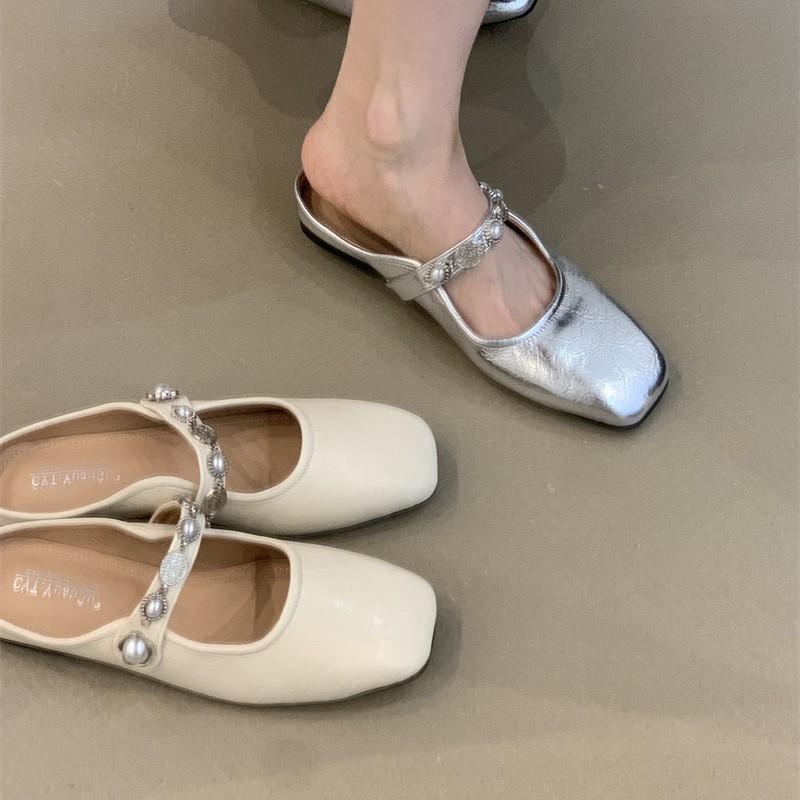Baotou Half Slippers Women's Outer Wear 2025 New French Temperament Elegant Silver Square Head One Pedal Mary Jane Shoes
