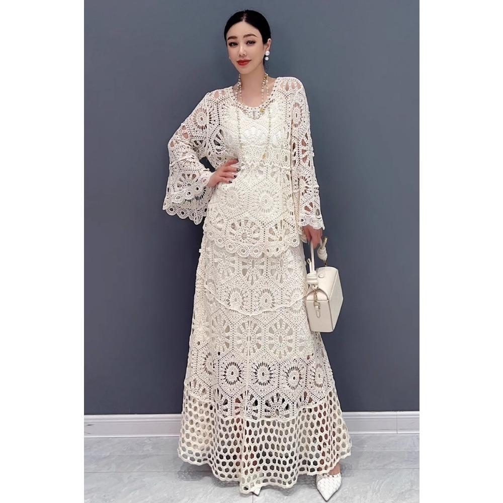 DIMANAF 2025 Neue Rock Anzug Frauen Strand Kurzarm Spitze Stricken Aushöhlen Sexy Oansatz Hohl Sommer Stil Tops Tees Lose grundlegende