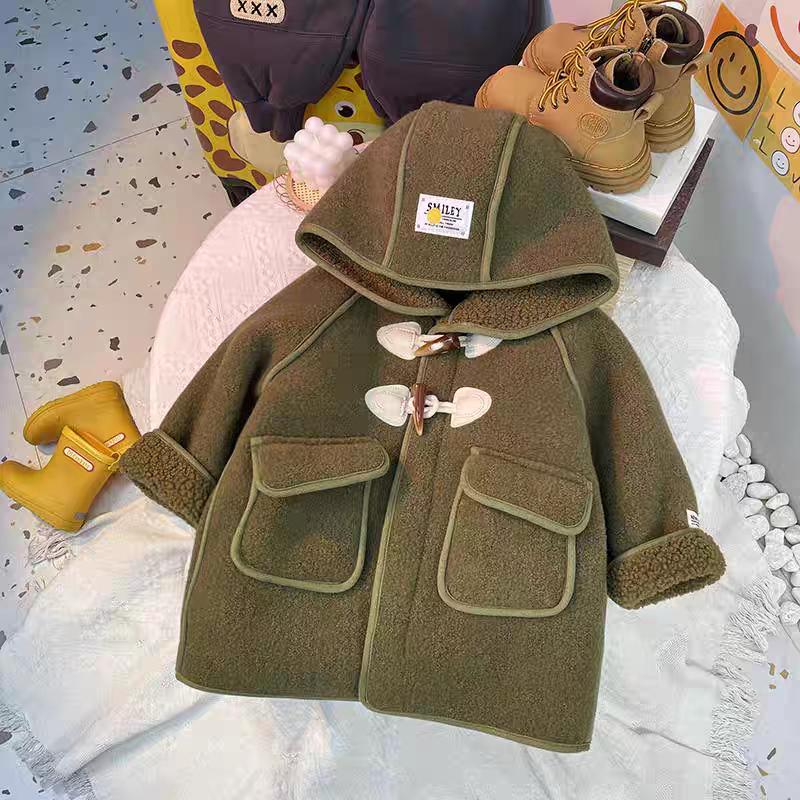 

Boys Woolen Toggle Coat: Fleece-Lined, Fur-Integrated, Fashionable Autumn/Winter Wear 90 cm червоний