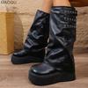 Platform High Heel Boots for Women Fashion Black Buckle Straps Mid Calf Boots Woman Pu Leather Platform Botas Mujer Thick Bottom