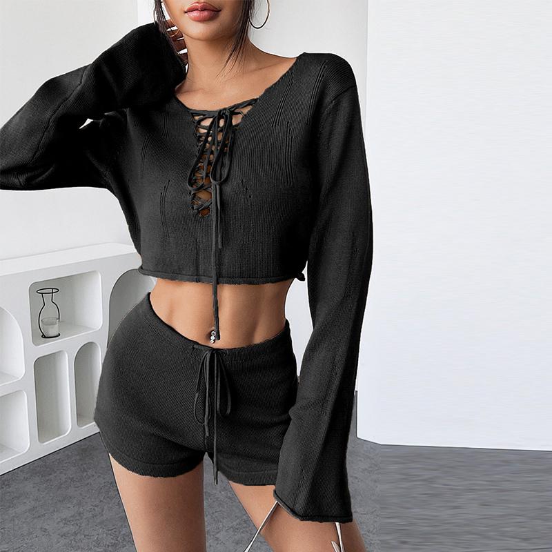 Casual Knit Shorts Suits Women O Neck Long Sleeves Bandage Tops Sets Female Spring Summer Lady Beach Sets 2 Pieces