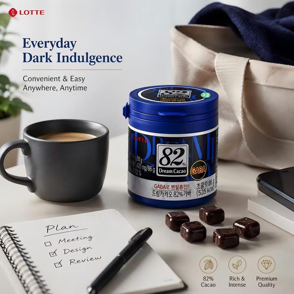 Lotte Dream Chocolate al 82% 86g | Sabor Fuerte y Rico a Cacao, Textura Suave y Fundente, Amargor Suave Distintivo