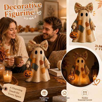 Patchwork Ghost Figurine with Battery Operated Warm Light 35cm Halloween Decoration Fabric Material Soft Texture