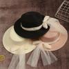 Beach Straw Hat Flat Top Wide Brim Sun Protection Hat with Tulle Bow Imitation Pearls Decor Hand-Woven Breathable Summer Hat