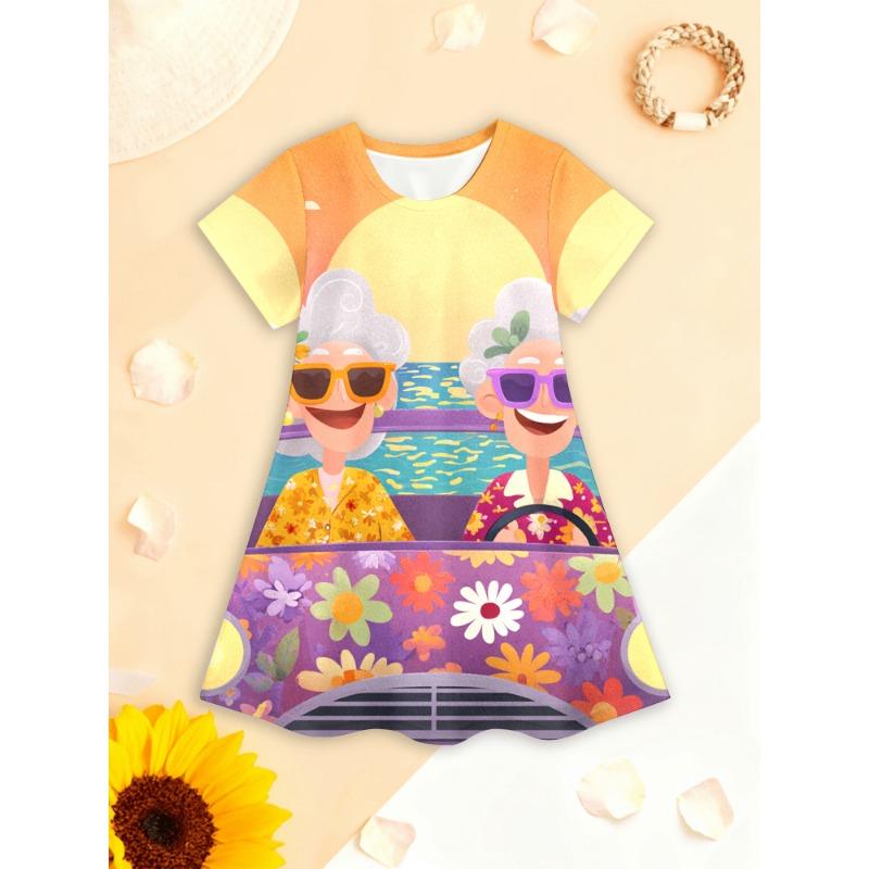 

Girls 3D Summer Dress Featuring a Sunset And Floral Design for a Car Ride with Grandma 110