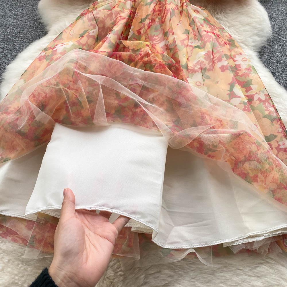 Spleise Mesh Blomstertrykk Kjole Kvinner Sommer Slank Elastisk Midje Firkantet Hals Milde Dame Søte Kjoler
