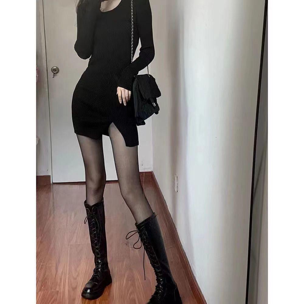 Autumn Spring Long Sleeve Black Bodycon Skirt Dress for Mature Women - Waist Slimming, Tight Fit