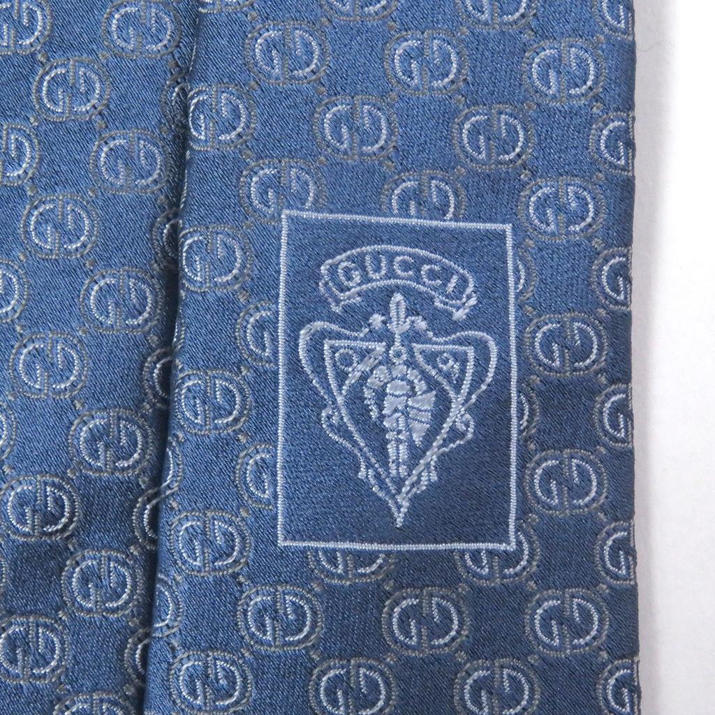 Pristine GUCCI Tie GG Logo Crest Wide Tie Light Blue Silk Mens Used