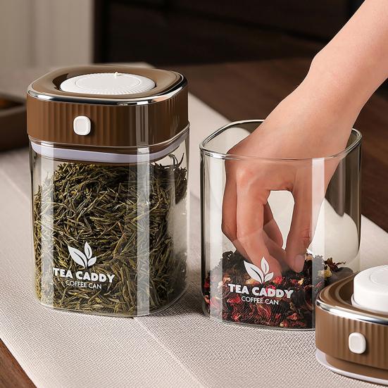 Sealed Jar, Space-Saving Design with Airtight Lids, with One-Click Vacuum Sealing Glass Container, for Tea Coffee Beans Snacks