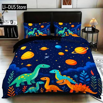 3dílná sada povlečení s potiskem kreslených dinosaurů, 1*povlak na přikrývku+2*povlak na polštář, Vhodné pro manželskou postel King, Jednolůžko Pro Všechna Roční Období