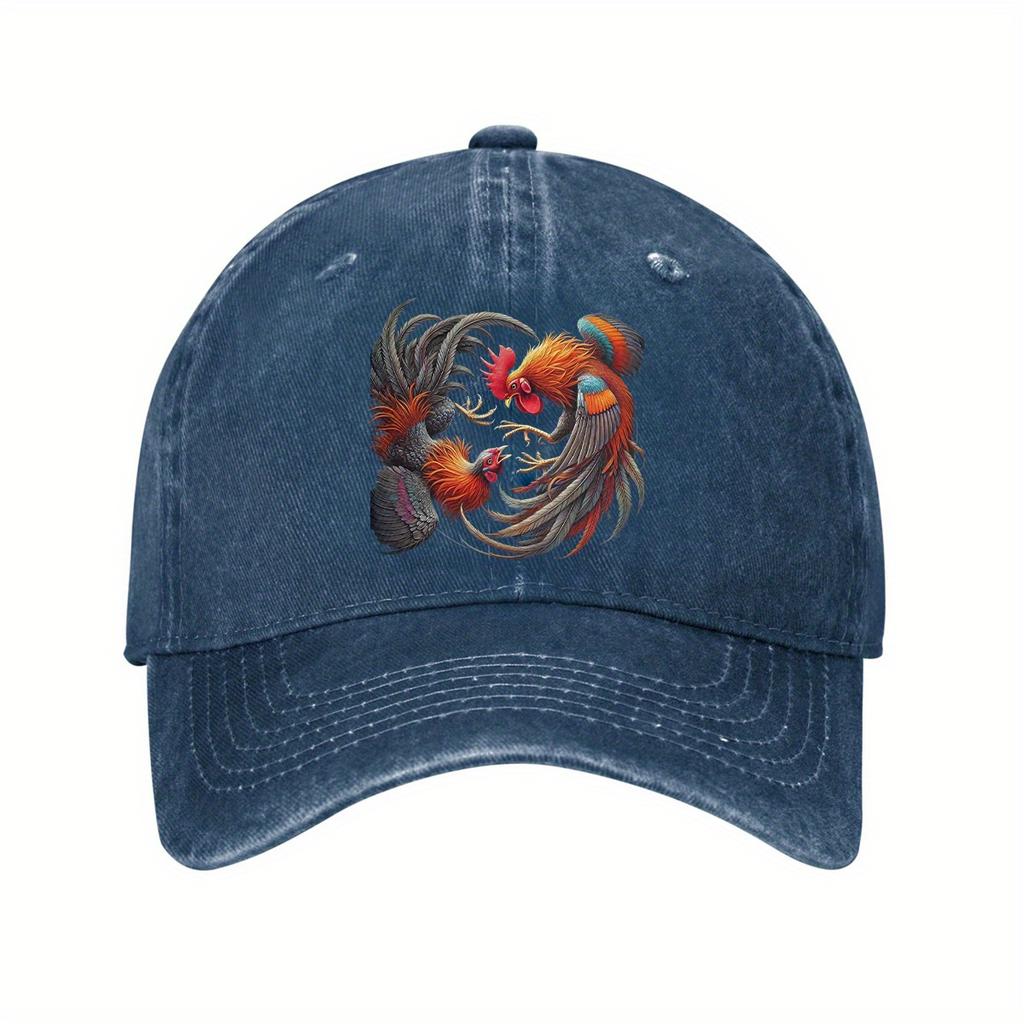 Adjustable Dad Hat Adjustable Lightweight Cotton Denim Baseball Cap with Vibrant Rooster Fight Fantasy Print  Curved Brim Dad
