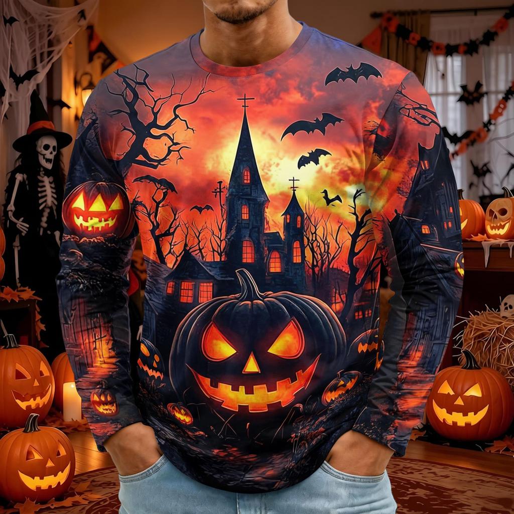Men's Halloween Print Long Sleeve Round Neck T-Shirt Fashionable Top