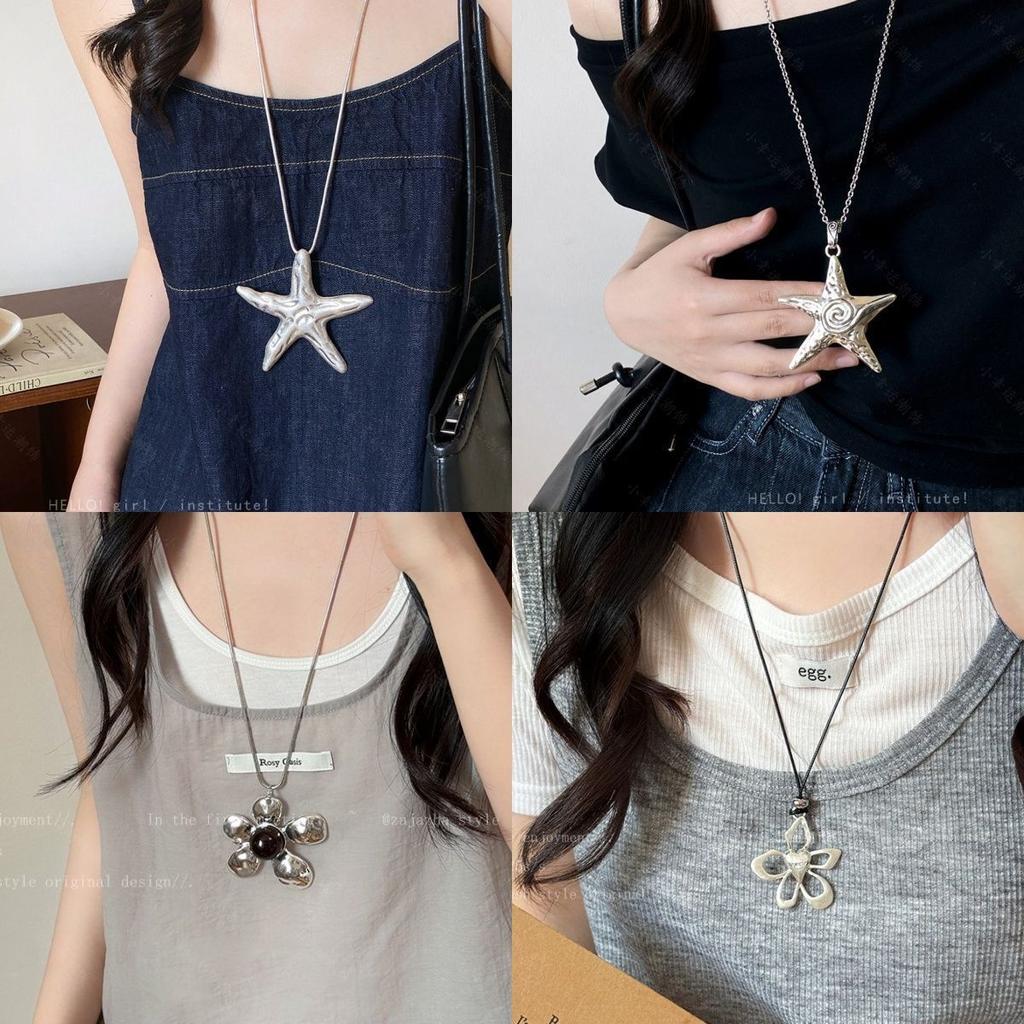Vintage Spice Girl Silver Starfish Necklace Seaside Long Pentagram Necklace Sweet Cool Fashion Exaggerated Sweater Chain